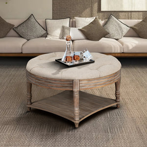 Large Round Waterproof Ottoman Coffee Table 2 Tier Oversized Button Tufted Ottoman with Wooden Shelf Storage Farmhouse Upholstered Coffee Table Living Room Footstool Ottoman Linen