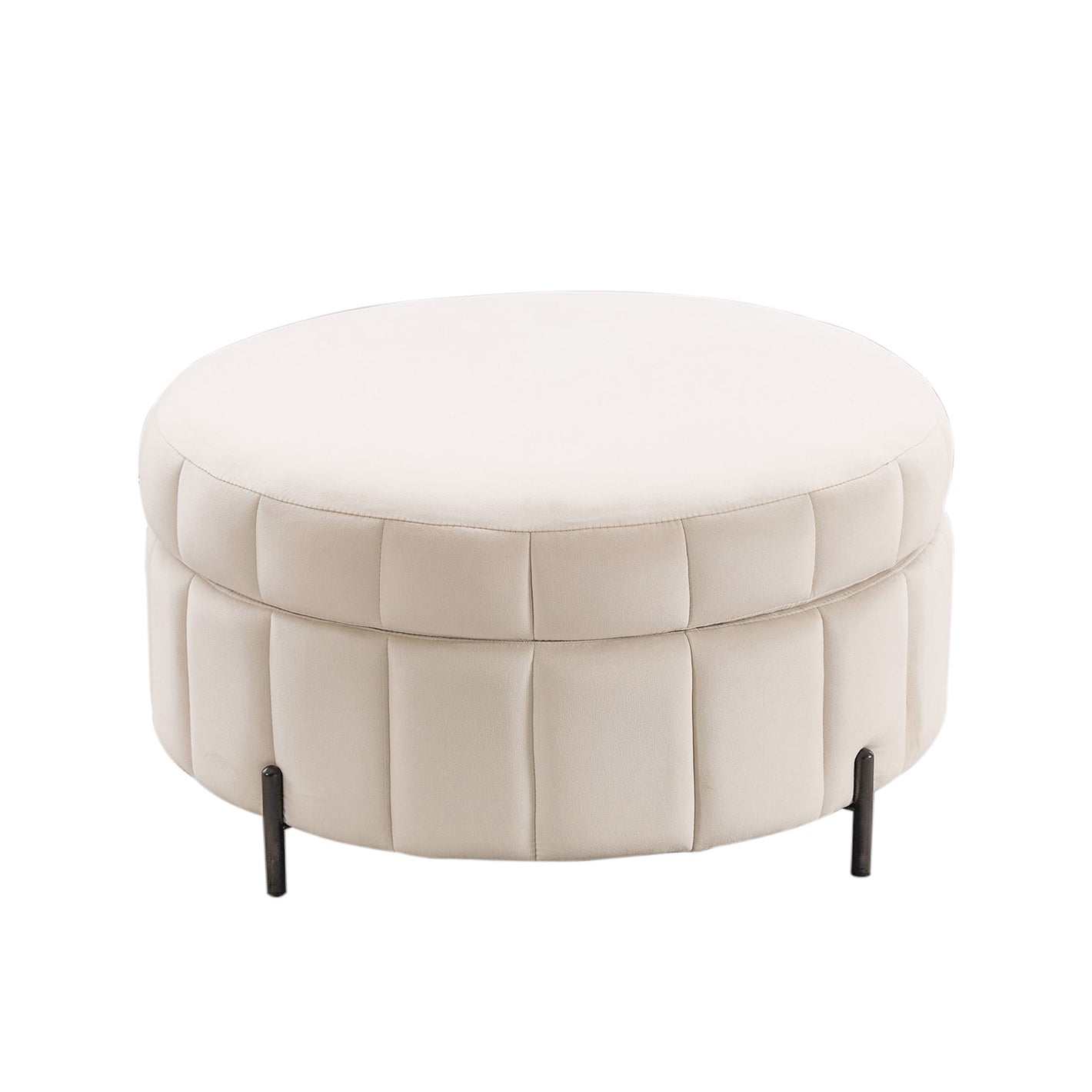 31.5'W Upholstered Round Ottoman With Reversible Lid, Velvet Storage Stool, Channel Tufted Pumpkin-shape Footstool for Living room, Bedroom and Office, Beige