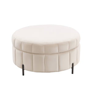 31.5'W Upholstered Round Ottoman With Reversible Lid, Velvet Storage Stool, Channel Tufted Pumpkin-shape Footstool for Living room, Bedroom and Office, Beige