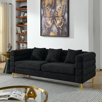 81 Inch Oversized 3 Seater Sectional Sofa, Living Room Comfort Fabric Sectional Sofe-Deep Seating Sectional Sofa, Soft Sitting with 3 Pillows for Living Room,Bedroom,Office, Black teddy(W834S00035)