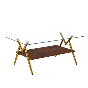 Modern Rectangle Coffee Table with Tempered Glass Top and Golden Metal Legs, Transparent Glass, 38.6 x 22.83 x 17.3 inches