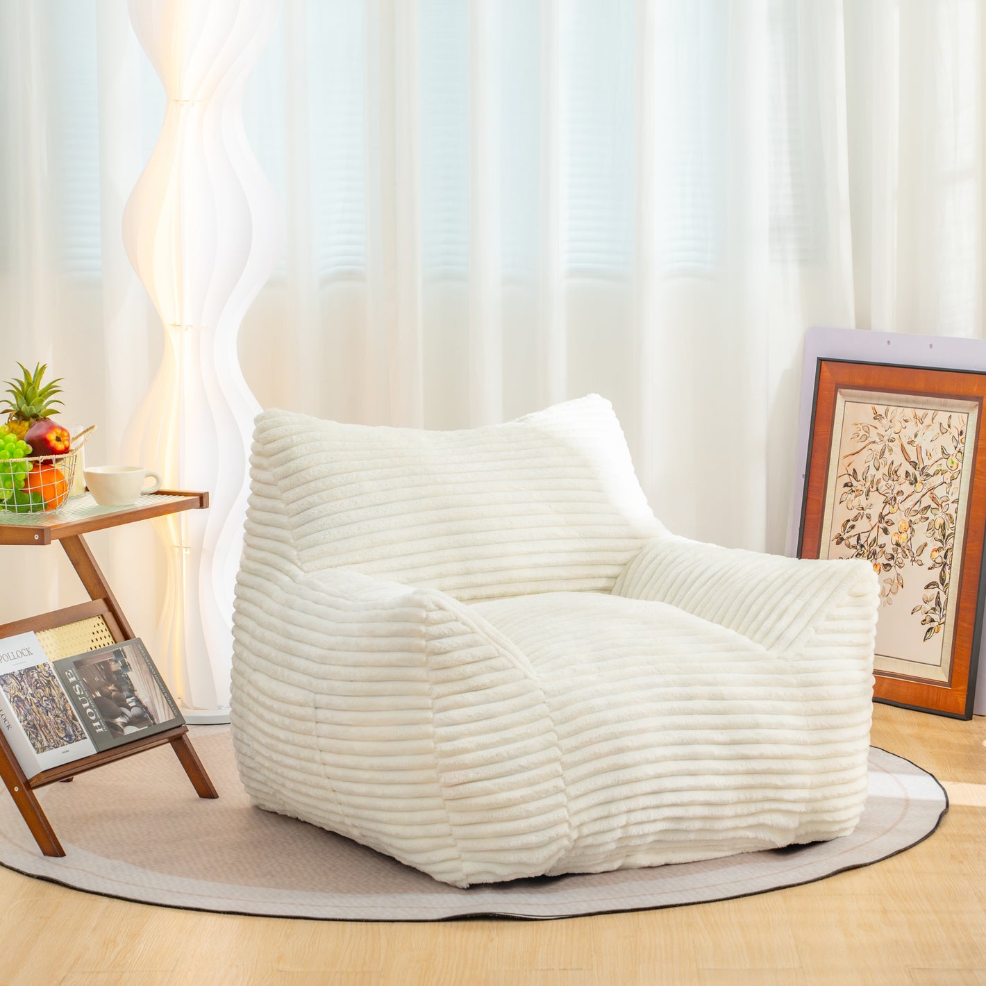 Bean Bag Chair for Adults with Armrests - Oversized Comfy Beige Beanbag Lounge Lazy Floor Sofa Chair for Living Room, Bedroom & Dorm, Cozy Fluffy Single Cloud Mini Couch