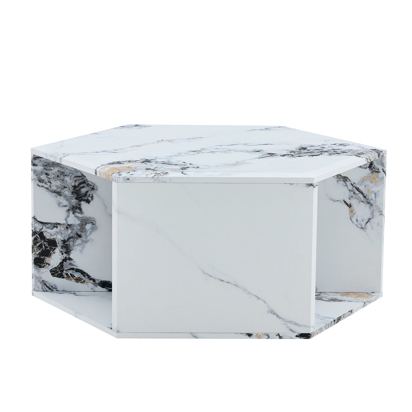 Hexagonal MDF Coffee Table with Pattern Stickers and Multi-Hole Design for Extra Storage in White