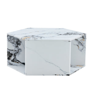 Hexagonal MDF Coffee Table with Pattern Stickers and Multi-Hole Design for Extra Storage in White