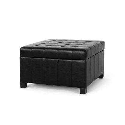Storage Ottoman for Living Room, Bedroom, Black Faux Leather