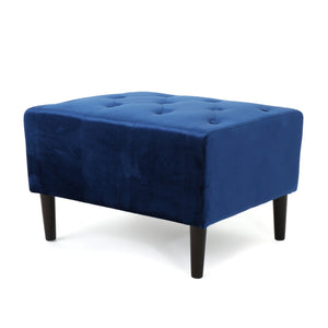 Mid Century Ottoman Velvet with Button Tufting in Navy Blue with Birch Wood Legs