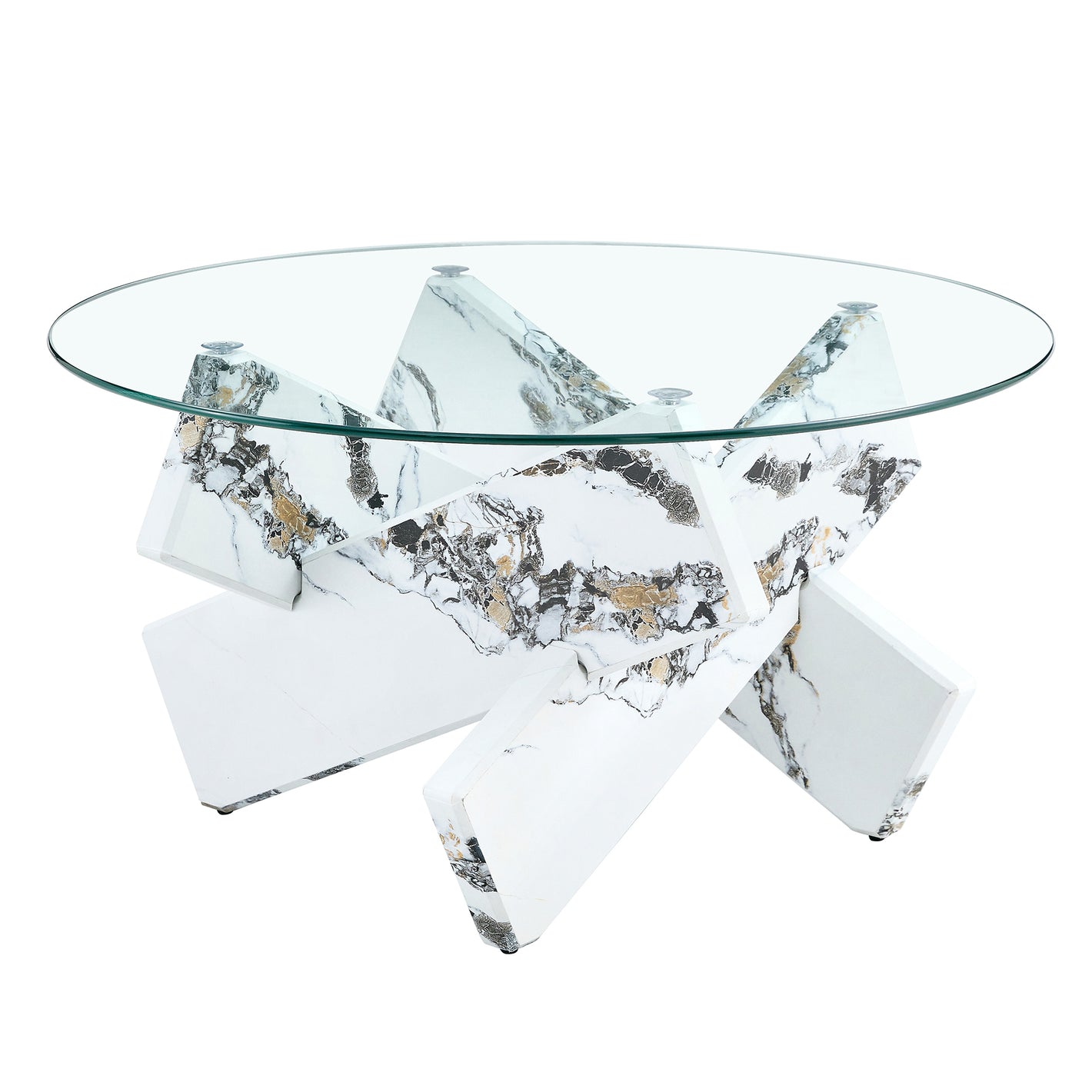Modern Round Glass Coffee Table with Tempered Glass Countertop and White MDF Legs, 33.4 Inches