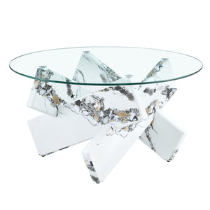 Modern Round Glass Coffee Table with Tempered Glass Countertop and White MDF Legs, 33.4 Inches