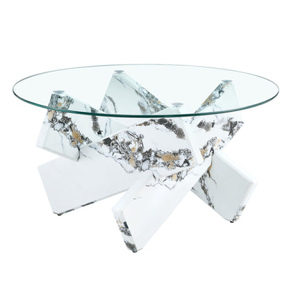Modern Round Glass Coffee Table with Tempered Glass Countertop and White MDF Legs, 33.4 Inches