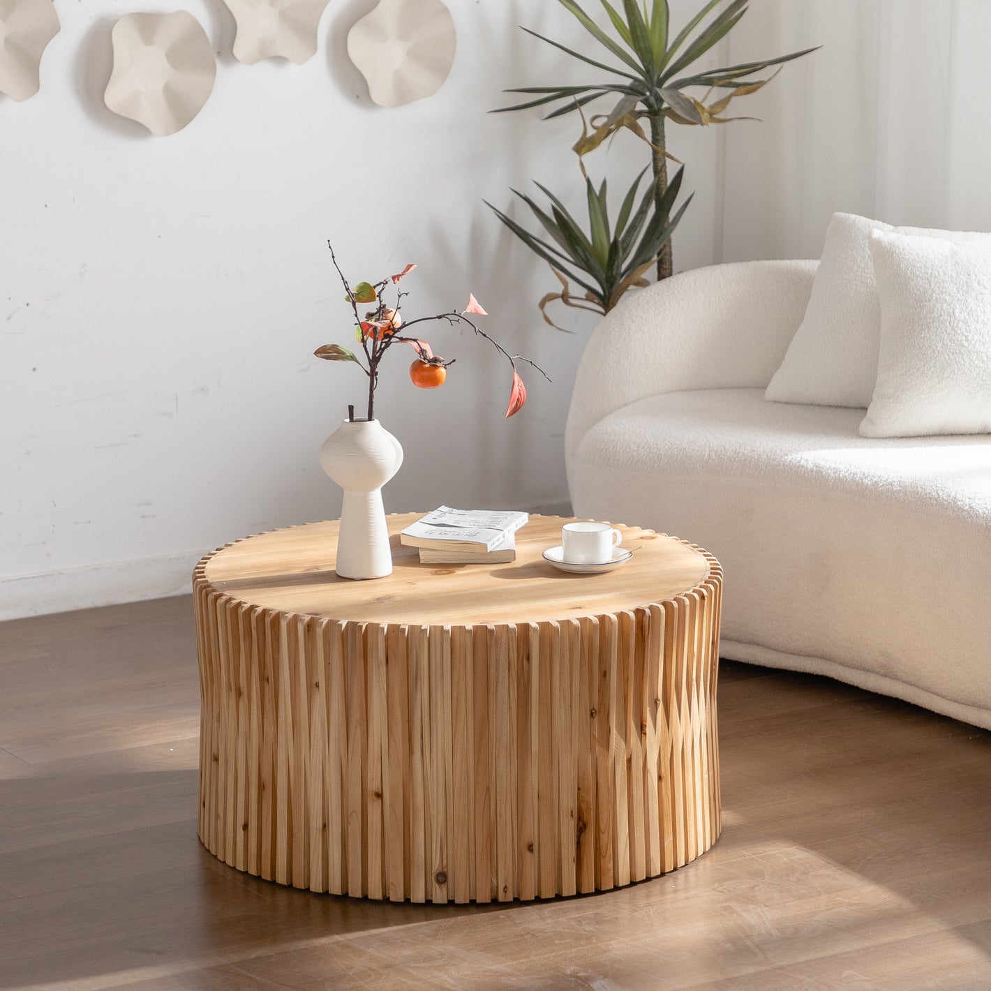 31.5' Retro Fashion Style Cylindrical Coffee Table with Vertical Texture Relief Design,Suitable for Living Room,Office,and Dining Room