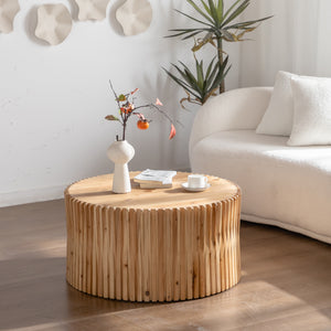 31.5' Retro Fashion Style Cylindrical Coffee Table with Vertical Texture Relief Design,Suitable for Living Room,Office,and Dining Room