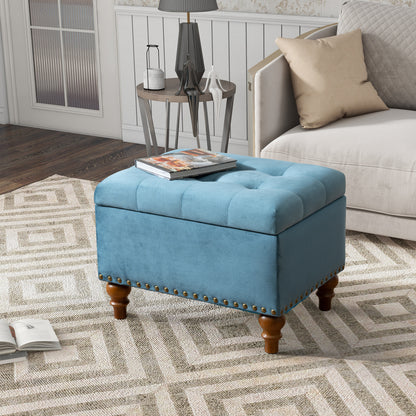 Square velvet upholstered Ottoman with storage space, hidden support hinges with easy to open top, rivets trim around (Light Blue)