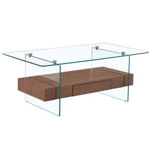 Modern Two-Tier Coffee Table with Drawer - Clear Tempered Glass & Walnut Wood Grain, Multifunctional Storage, 43.3 Inches.Transparent tempered glass tabletop and legs.
