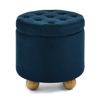 Modern Round Storage Ottoman Multi-Functional Flannel Button Ottoman with Tabletop Lid and Storage Space - Dark Blue