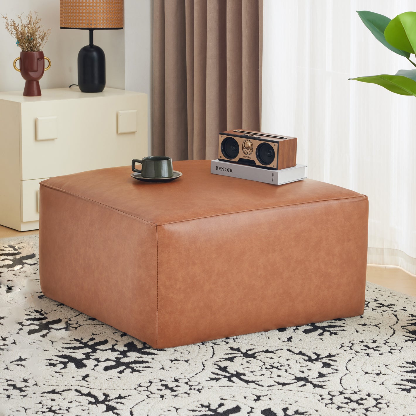 Square PU Leather Ottoman,Tan