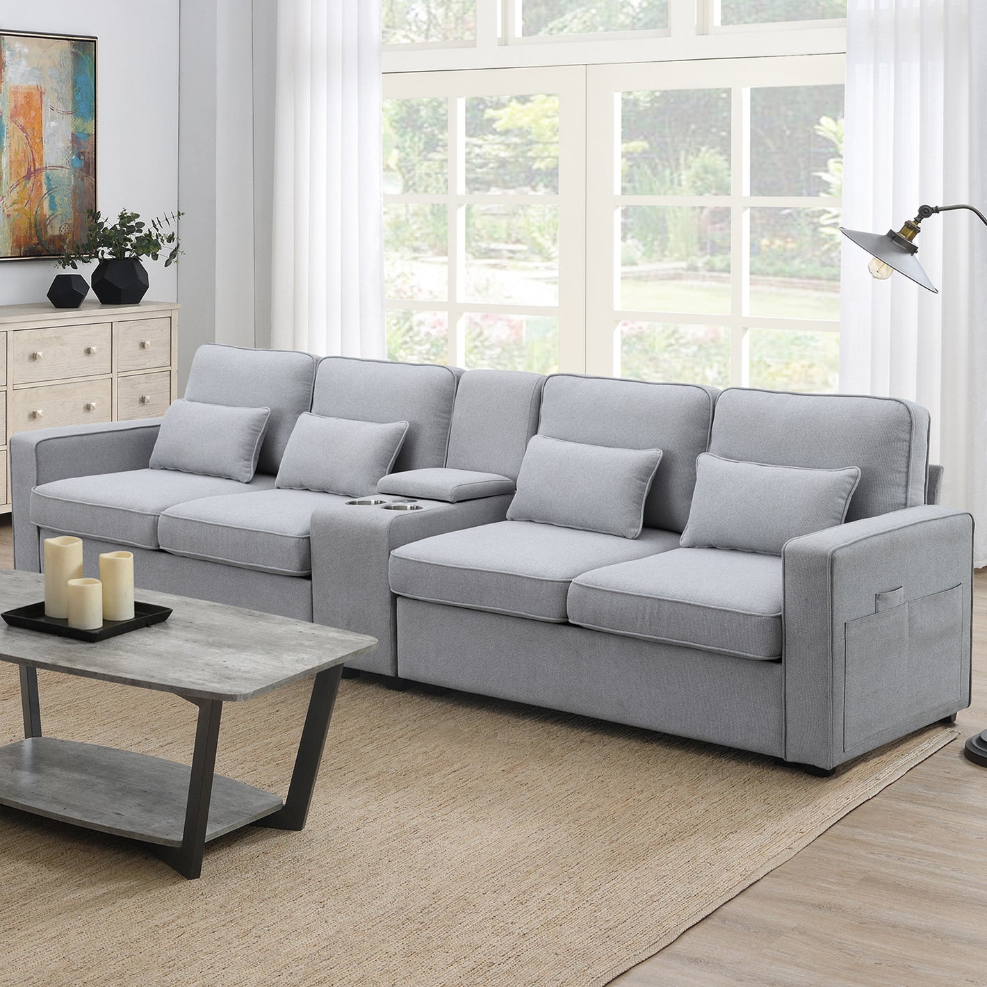 [VIDEO provided] [New] 114.2' Upholstered Sofa with Console, 2 Cupholders and 2 USB Ports Wired or Wirelessly Charged, Modern Linen Fabric Couches with 4 Pillows for Living Room, Apartment (4-Seat)