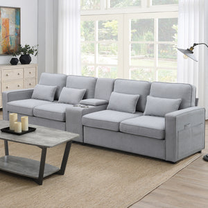 [VIDEO provided] [New] 114.2' Upholstered Sofa with Console, 2 Cupholders and 2 USB Ports Wired or Wirelessly Charged, Modern Linen Fabric Couches with 4 Pillows for Living Room, Apartment (4-Seat)