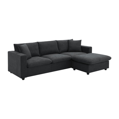 Modern Sectional Sofa with Convertible Ottoman and 2 Free Pillows, L-shaped 4-Seat Polyester Fabric Couch Set, Black