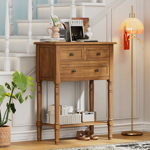 TREXM Narrow Console Table, Slim Sofa Table with Three Storage Drawers and Bottom Shelf (Natural)