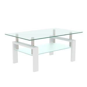Rectangle White Glass Coffee Table Modern Side Center Table for Living Room, Transparent Tempered Glass with Iron Tube