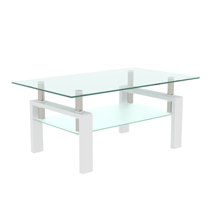 Rectangle White Glass Coffee Table Modern Side Center Table for Living Room, Transparent Tempered Glass with Iron Tube