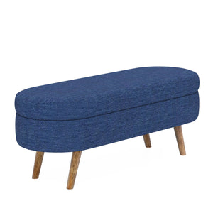 Ottoman Oval Storage Bench with Rubber Wood Legs in Blue Linen with Foam Padding