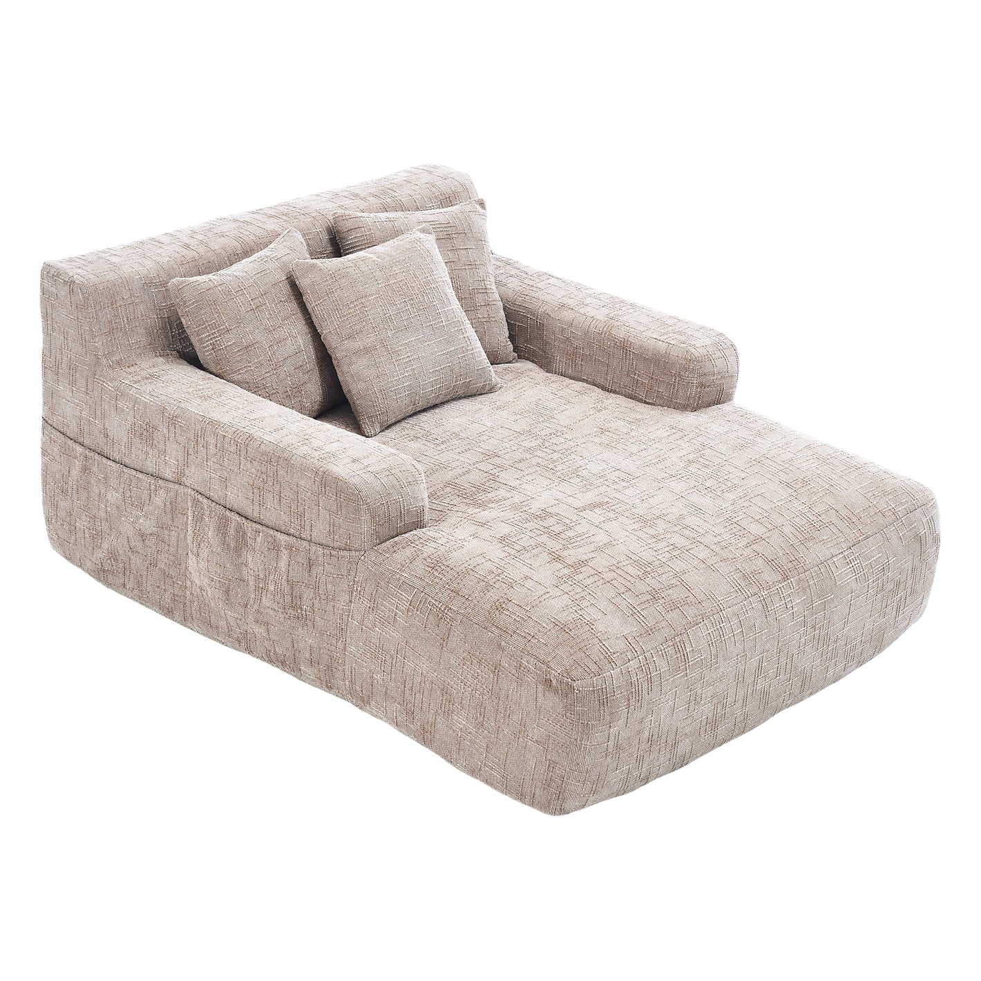 Chenille Interior Lazy Sofa Chaise Longue Armchair with Pillows and Armrests in Khaki