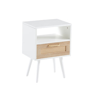 Modern Rattan End Table with Drawer and Solid Wood Legs, White, 15.75'