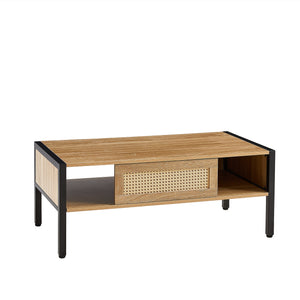 Modern Rattan Coffee Table with Sliding Door Storage, Natural Finish, Metal Legs, 40.16 Inches