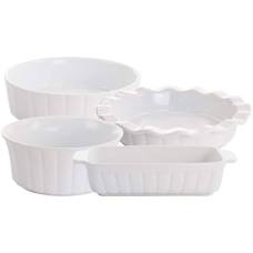 GIBSON ELITE - 4 PC  BAKEWARE SET - LOAF PAN, PIE PAN, BAKER & CASSEROLE - WHITE - STONEWARE