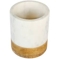 WHITE MARBLE/MANGO WOOD TOOL CROCK - LG - 6.5 in