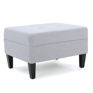 Contemporary Ottoman Footstool with Tufted Upholstery in Light Grey Fabric and Sturdy Birch Wood, 28.5' x 23.5' x 18.5'