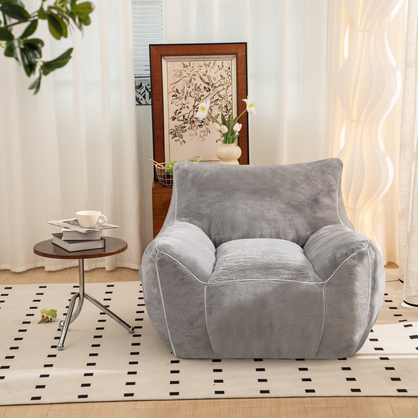 Bean Bag Chair, Comfy Bean Bag Sofa with Back Support, Faux Fur Bean Bag Chair for Adults, Stuffed Floor Sofa for Living Room, Bedroom, Apartment, gray