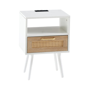 Modern Rattan End Table with Power Outlet & USB Ports, White MDF & Solid Wood, 15.75'