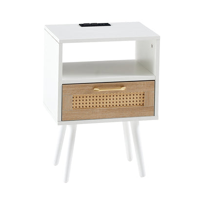 Modern Rattan End Table with Power Outlet & USB Ports, White MDF & Solid Wood, 15.75'