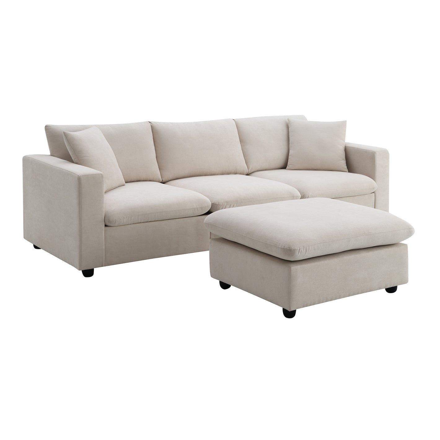 Modern Sectional Sofa with Movable Ottoman and Throw Pillows in Beige, Polyester Fabric, 101*66 inches