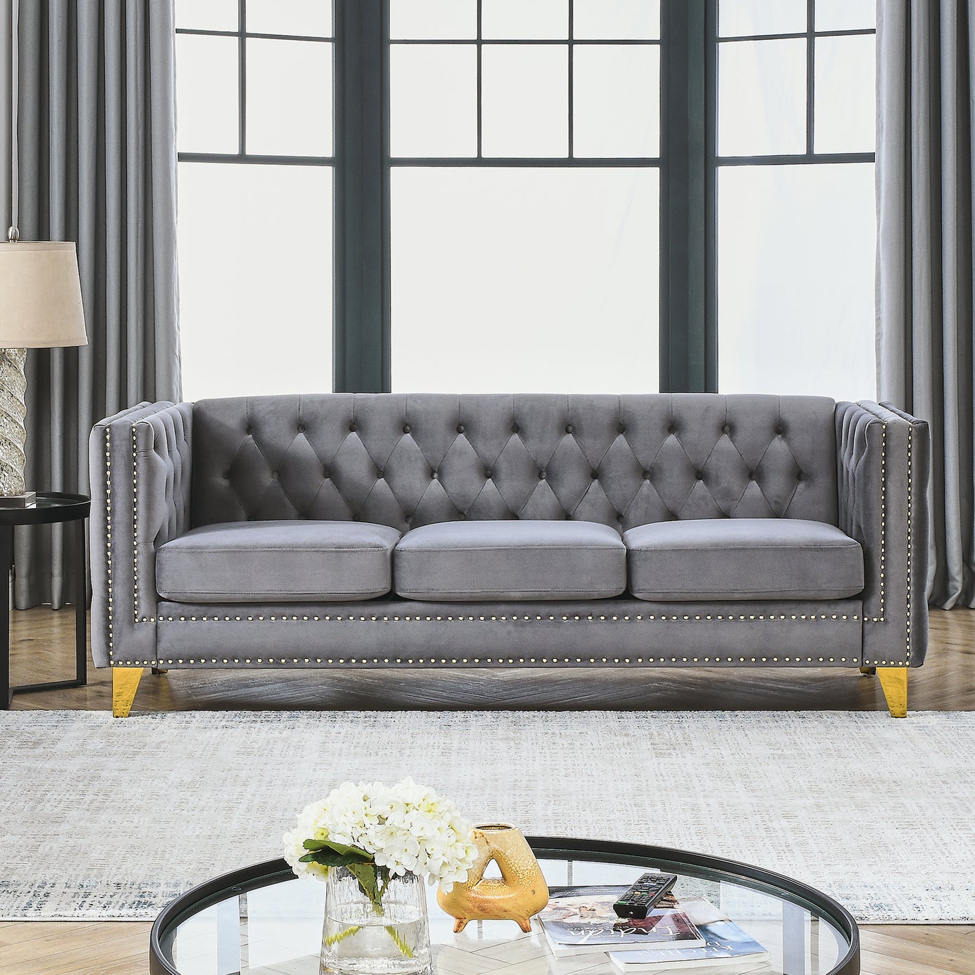 {Contact us for 3D modeling}  Velvet Sofa for Living Room,Buttons Tufted Square Arm Couch, Modern Couch Upholstered Button and Metal Legs, Sofa Couch for Bedroom, Grey Velvet(W834S00020)