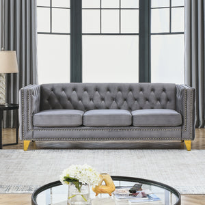 {Contact us for 3D modeling}  Velvet Sofa for Living Room,Buttons Tufted Square Arm Couch, Modern Couch Upholstered Button and Metal Legs, Sofa Couch for Bedroom, Grey Velvet(W834S00020)