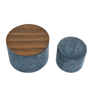 Classic Dark Blue Chenille Storage Ottoman Set with Drum Shaped Stool and MDF Desktop Panel