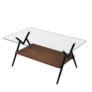 Modern Rectangle Coffee Table with Tempered Glass Top and Black Metal Legs for Living Room, Transparent Glass