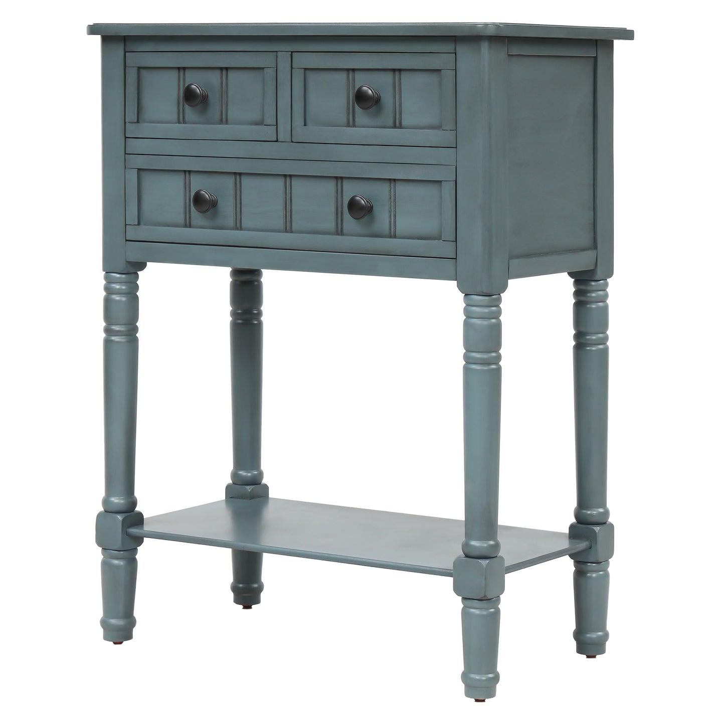 TREXM Narrow Console Table with Three Storage Drawers and Bottom Shelf, Solid Wood in Navy