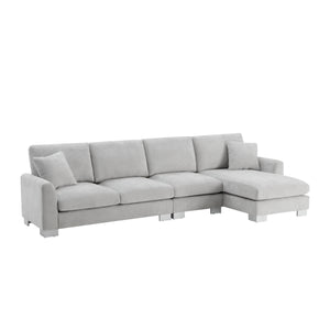 Modern Oversized L-shaped Sectional Sofa with Chaise and Free Pillows, Chenille Fabric, 119*55 Inches, Light Gray
