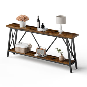 70.9 Inch Extra Long Sofa Table, Console Behind Sofa, Entryway Table with 2 Tier Storage Shelves for Hallways,Living Rooms,Foyers,Entryways,Banquet Rooms,Rustic Brown and Black, 70.9″L x 11.8'W x 32'H