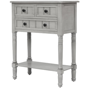 TREXM Slim Sofa Table with Three Storage Drawers and Bottom Shelf, Gray Wash, Solid Wood, 23.7 x 13 x 31.1 inches