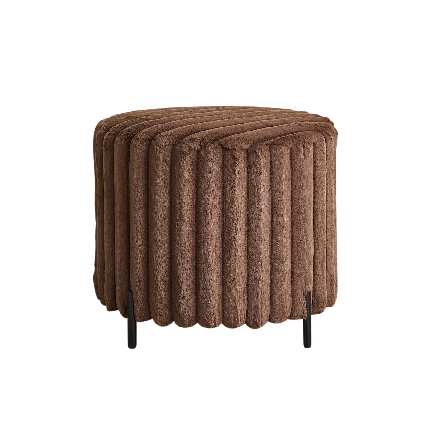 Upholstered Round Pouf Ottoman Foot Rest with Black Metal Legs, Faux Fur Brown, 22.05'