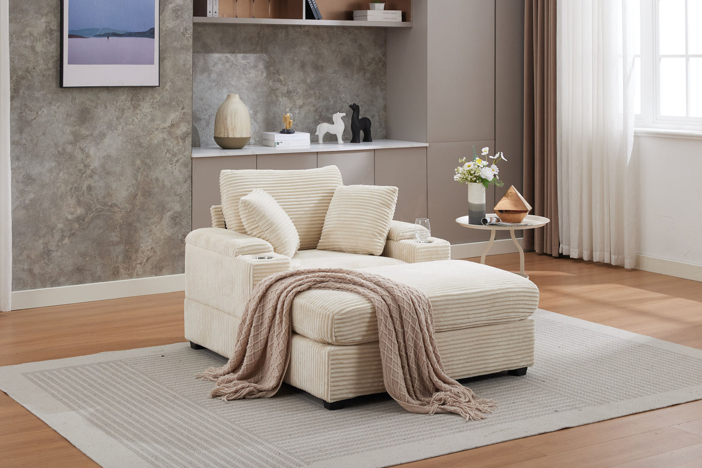 [VIDEO/New]Corduroy Upholstered Chaise Lounge Sofa with Handrail storage ,Movable ottoman,Cupholders,Detachable Cushions Deep Seat for Living Room Office,3 colour
