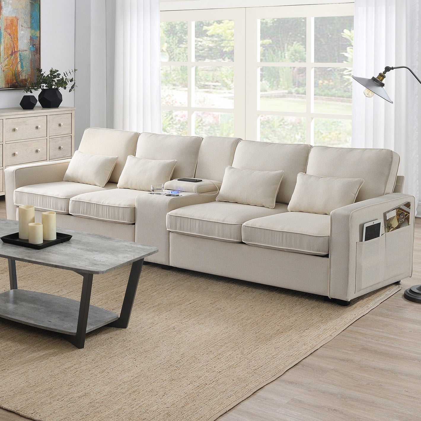 [VIDEO provided] [New] 114.2' Upholstered Sofa with Console, 2 Cupholders and 2 USB Ports Wired or Wirelessly Charged, Modern Linen Fabric Couches with 4 Pillows for Living Room, Apartment (4-Seat)