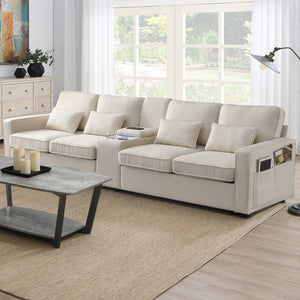 [VIDEO provided] [New] 114.2' Upholstered Sofa with Console, 2 Cupholders and 2 USB Ports Wired or Wirelessly Charged, Modern Linen Fabric Couches with 4 Pillows for Living Room, Apartment (4-Seat)