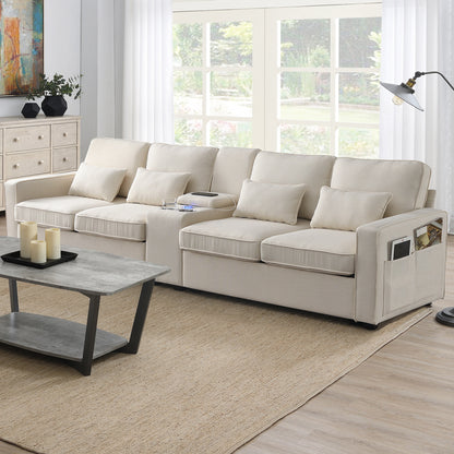 [VIDEO provided] [New] 114.2' Upholstered Sofa with Console, 2 Cupholders and 2 USB Ports Wired or Wirelessly Charged, Modern Linen Fabric Couches with 4 Pillows for Living Room, Apartment (4-Seat)