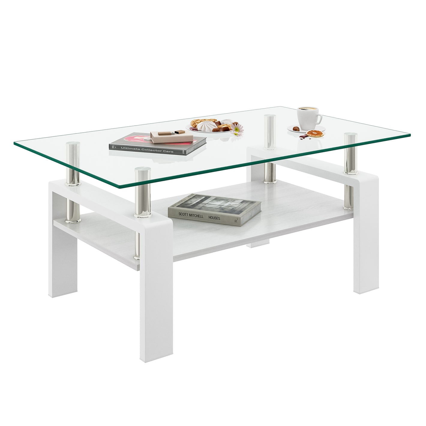 Modern Rectangular Coffee Table with Tempered Transparent Glass Top and MDF Layer – Table for Living Room